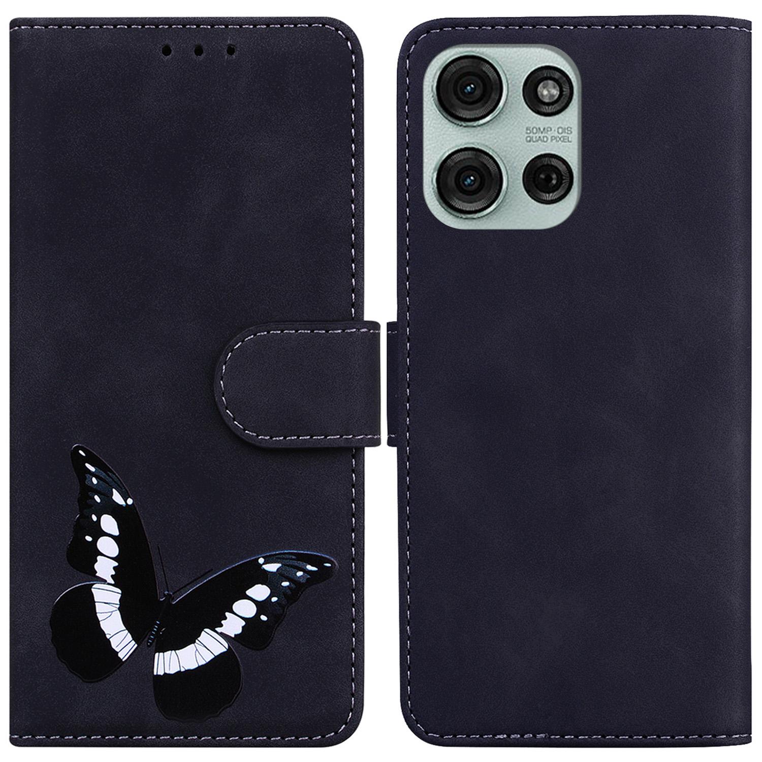 

For Motorola Moto G75 5G Stand Case PU Leather Phone Cover Butterfly Printed Black
