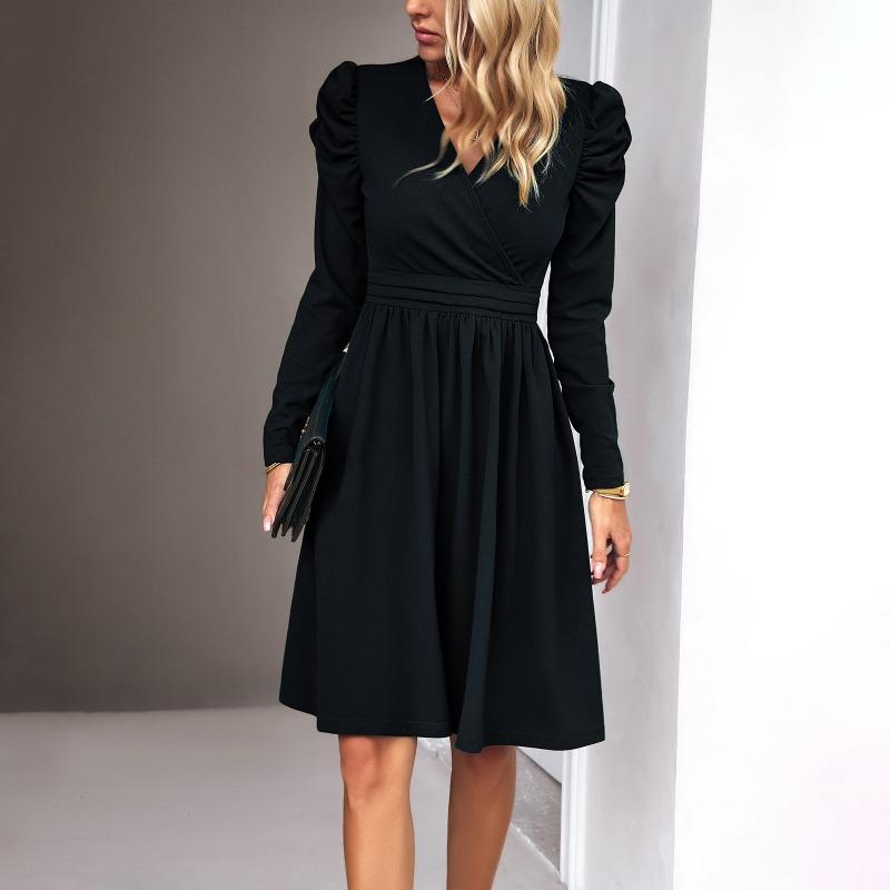 Women's Elegant Sold Color V-neck Long Sleeve Dress