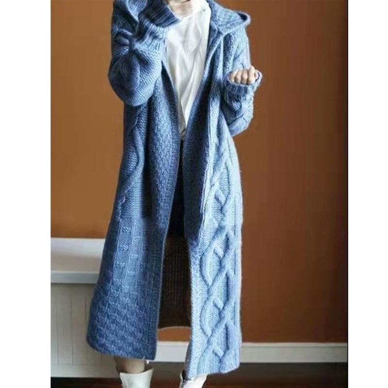 Autumn Winter Loose Knitted Women Hooded Long Sweater Coats Casual Korean Fashion Solid Color Elegant Jacket Twist Thick Cardigan Sweaters Clothing
