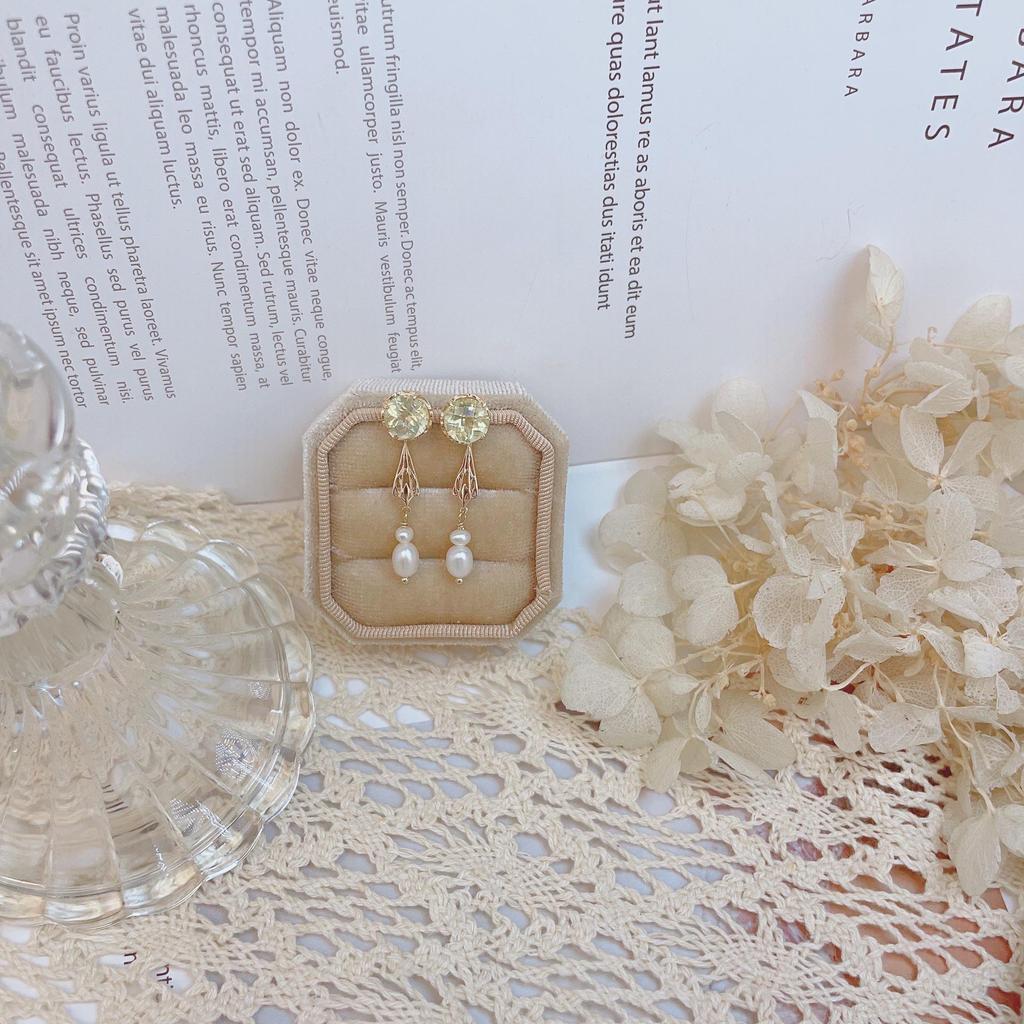 Japanese-Style Retro Minimalist Lemon Crystal and Natural Pearl Drop Earrings, 925 Silver Gold-Plated