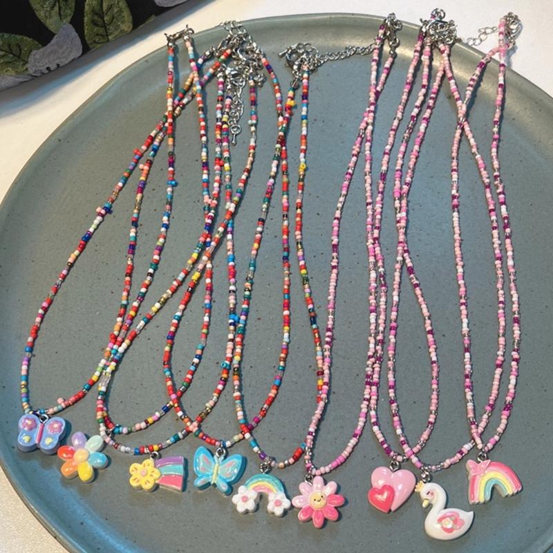 Fashionable Sweet Beads Necklace Short Choker Y2K Colorful Jewelry Pendant Necklace Rice Beads Material for Women Girls
