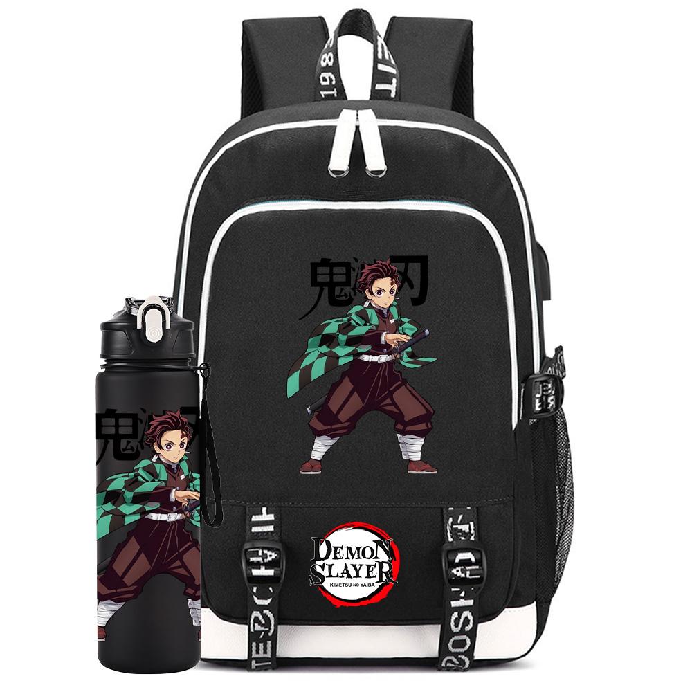 2Pcs/set Anime Demon Slayer Printed Backpack Large Capacity Waterproof Bookbag With 750ml Water Bottler Laptop Student Boy Girl Bookbag Gift