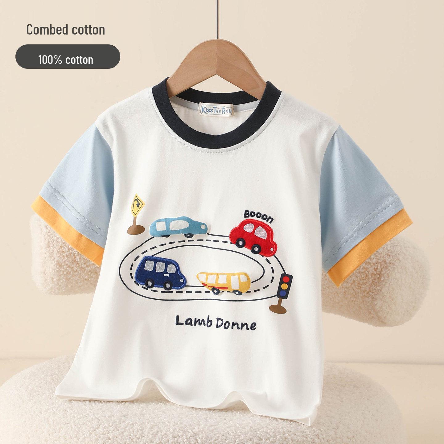 Summer Baby Boys Cartoon Color Block Cotton T-shirt with Embroidery - Short Sleeve Size 130