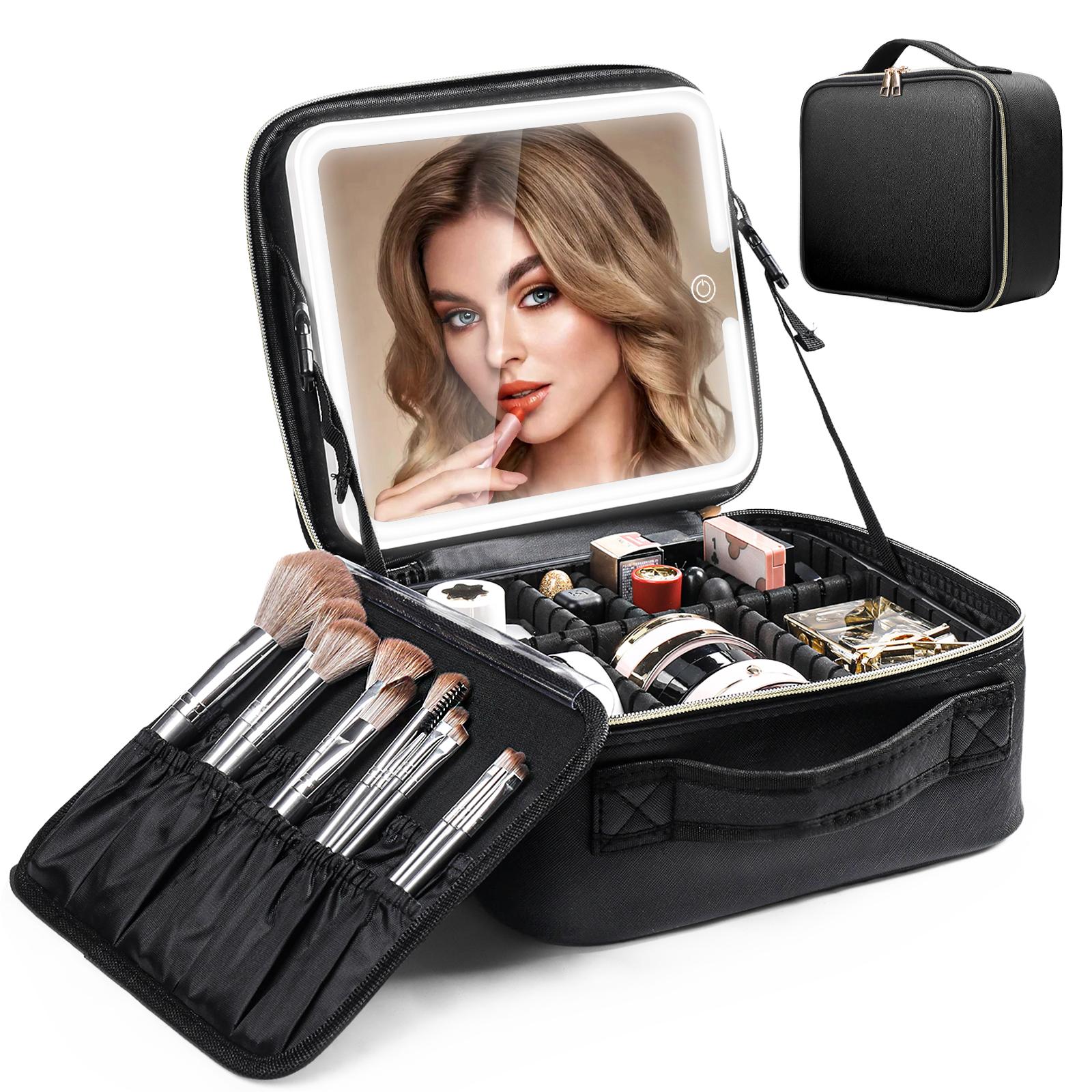 Travel Makeup Bag With Led Lighted Mirror, Makeup Train Case With Adjustable Dividers For Home,gift,vacation чёрный
