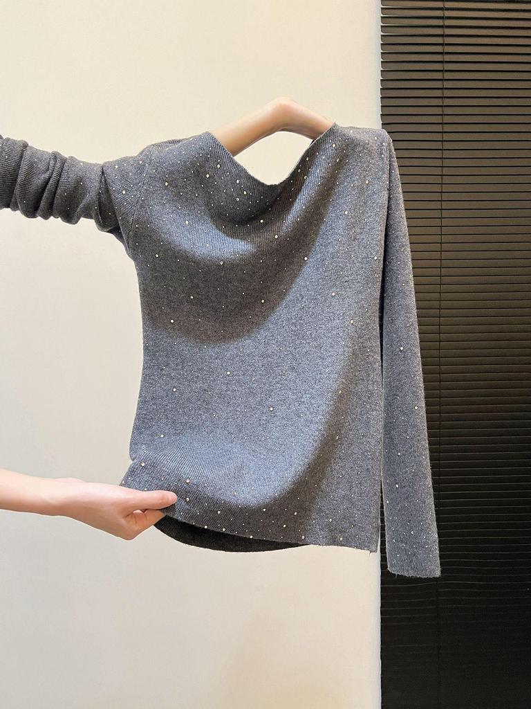 Elegant Rhinestone Knit Slim-Fit Long-Sleeve Women’s Winter 2025 Base Top