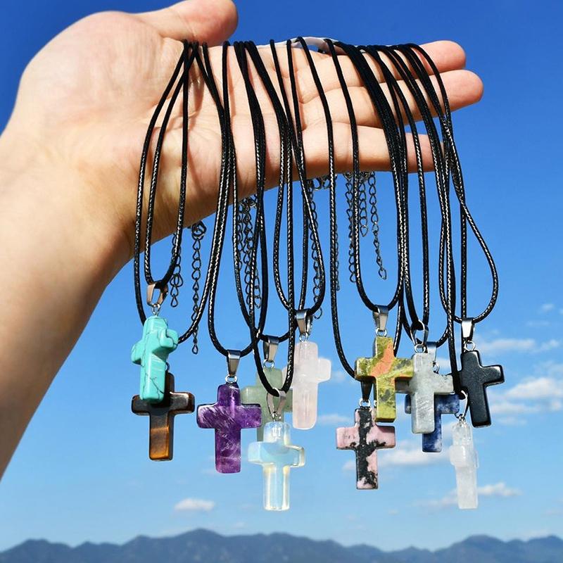 Punk Rock Bunter Naturstein Kreuz Anhänger Halskette Für Männer Frauen Cool Hip Hop Street Vintage Y2K Grunge Goth Schmuck Geschenk
