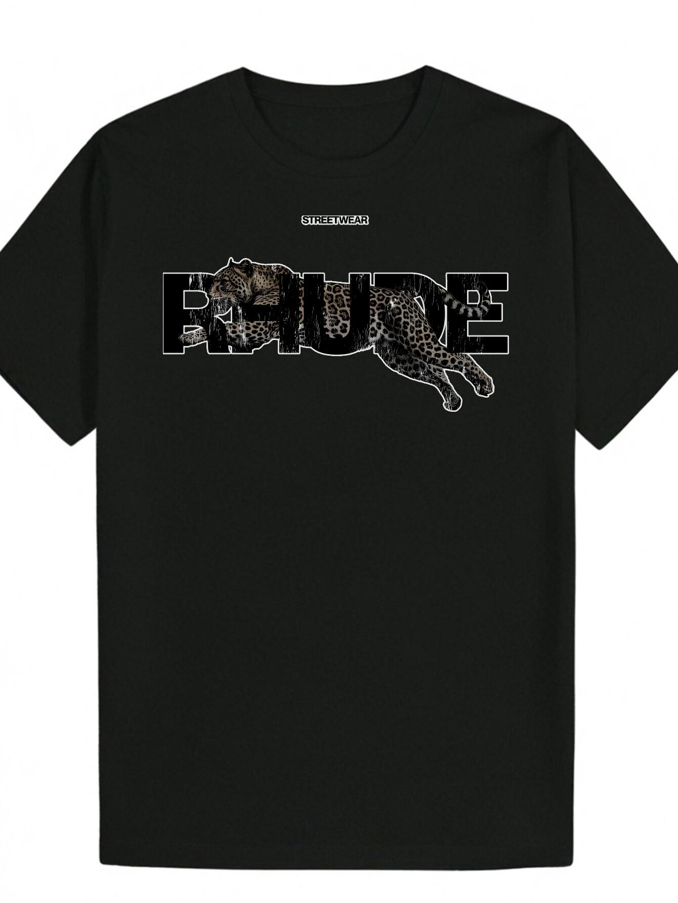 Black T-shirt with White Leopard Print PRIVILE Graphic - Round Neck L