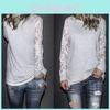 Lace Trim Grey Crew Neck Fitted Tshirt Blended Fabric Hoodie Women Long Sleeve