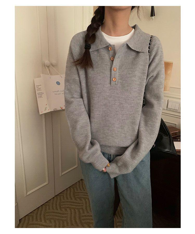 Women's Retro Polo Neck Grey Long Sleeve Knitwear - Soft Loose Fluffy Wool Sweater for Spring 2026.