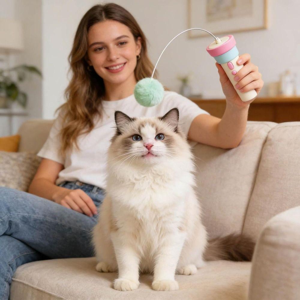 USB Rechargeable Cat Teaser Launcher Toy Hands-Free with Retractable Rope Automatic Cat Teaser with Fluff Ball Boredom Relief