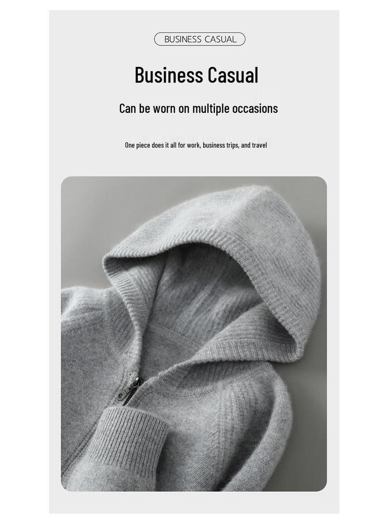 Herren Kapuzen-Reißverschluss-Strickjacke aus reiner Wolle - Dicker Strickpullover-Mantel für Freizeit oder Business