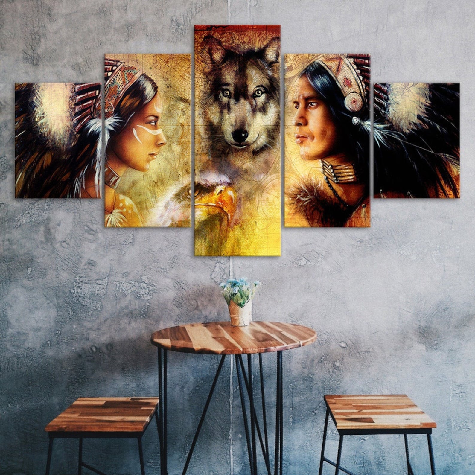 

Native Indians And Wolf 5 Piece Five Panel Wall Canvas Print Modern Art Poster Picture Home Decor Gift For Him For Her 20X35 20X45 20X55CM