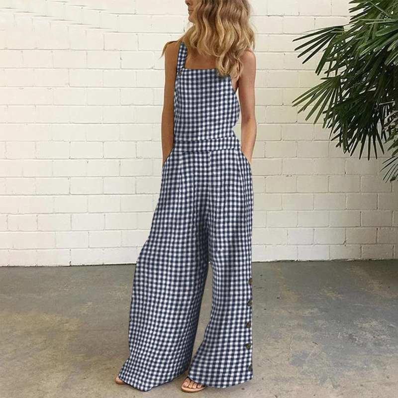 Fashion Women's Cotton And Linen Printed Button Embellished Loose Strappy Jumpsuit