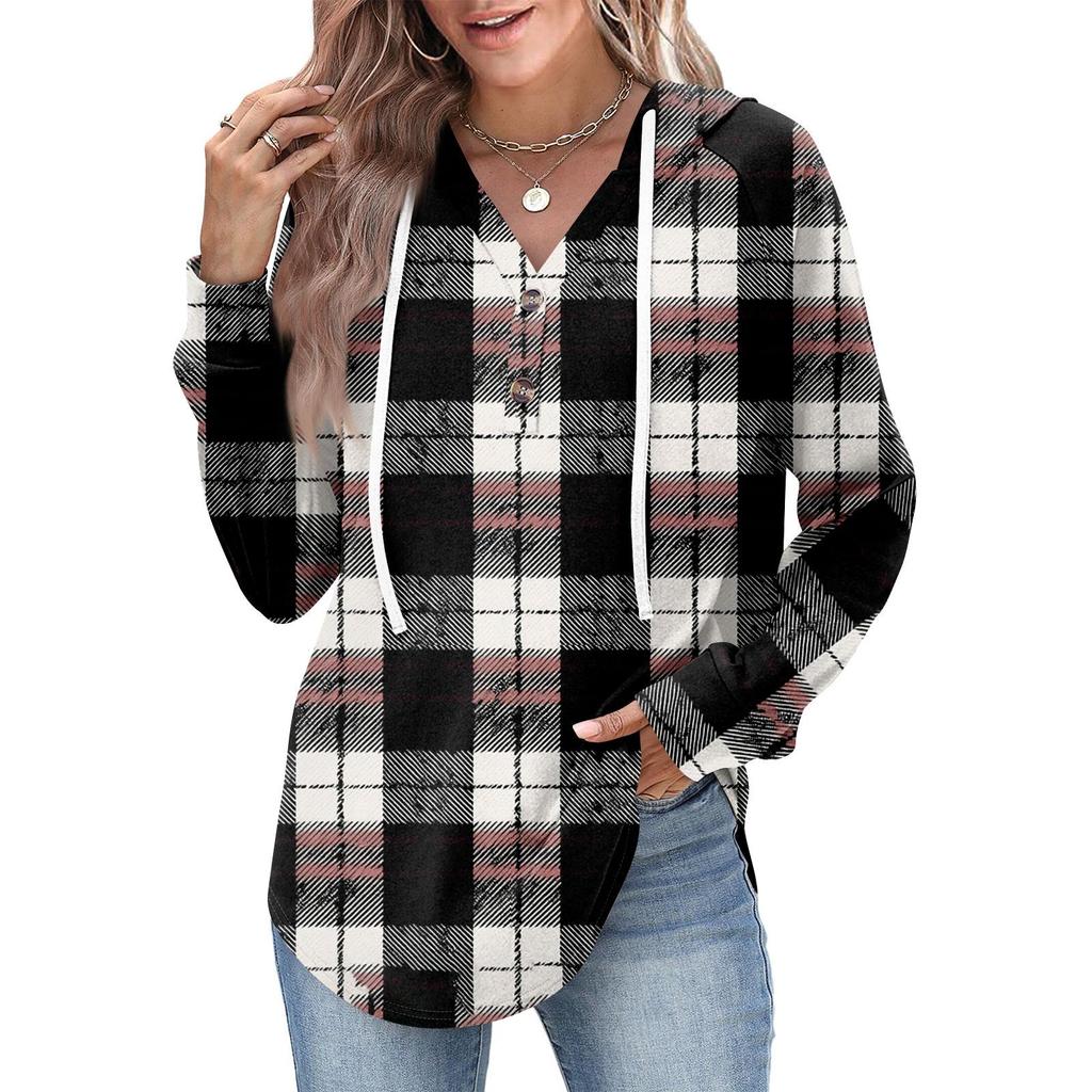 Damenmode Damen Leichter Langarmpullover mit Taschen Preppy Graphic Hoodie