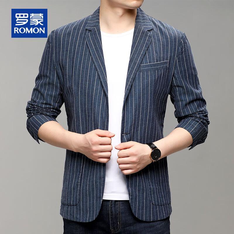 ROMON Men's Spring Autumn Linen Blend Slim Fit Striped Blazer
