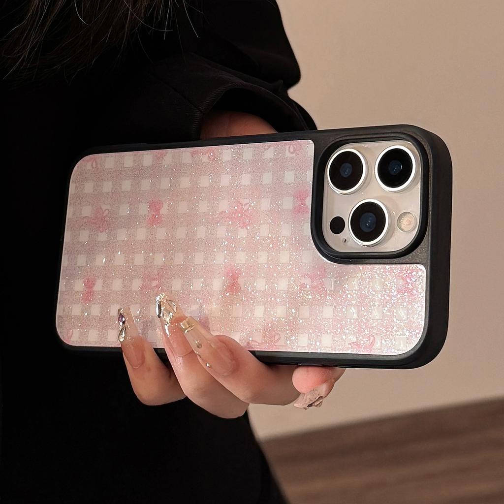 Sabbia Glittata Adatto per Iphone15 Apple 16pro Max Custodia per Telefono Cellulare Ins Glitter Rosa Check Fiocco 13 Dolce 14