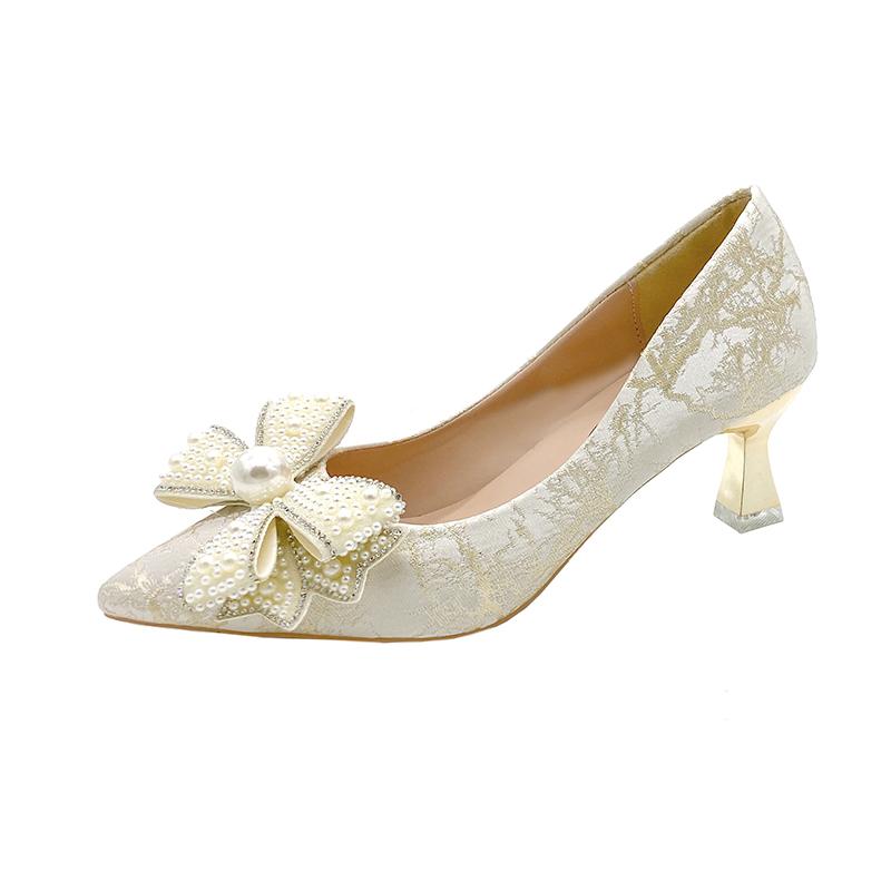 Banquet Single Shoes Autumn New Pointed Toe Shallow Mouth Knit Bow Pop Foot Non-Slip Fashion Stiletto Heels