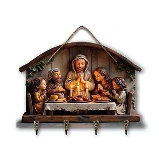 Dřevěný křesťanský držák na klíče 2D plochý Ježíš přijímání umění klíčenka stojan se 4 háčky náboženský nástěnný stojan na klíče pro vstupní halu domácí dekorace