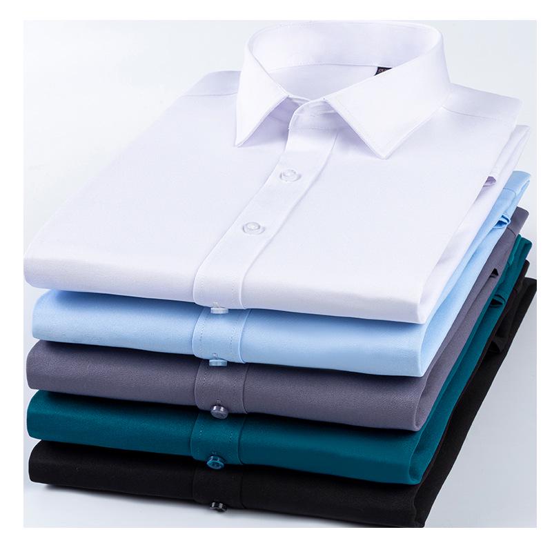 High Elasticity Non-Iron Slim Fit Men's Long Sleeve White Collar Business Casual Shirt with Pocket for Spring and Autumn.