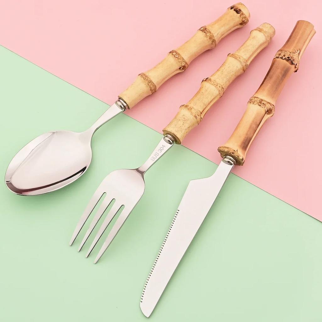 11Pcs Silver Bamboo Handle Cutlery Set 111 Stainless Steel Dinnerware Set Knife Dessert Fork Spoon Tableware Kitchen Flatware