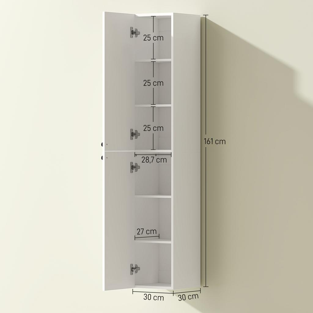Wall-mounted Bathroom Cabinet, Lacquered Surface, 6 Shelves, MDF, White