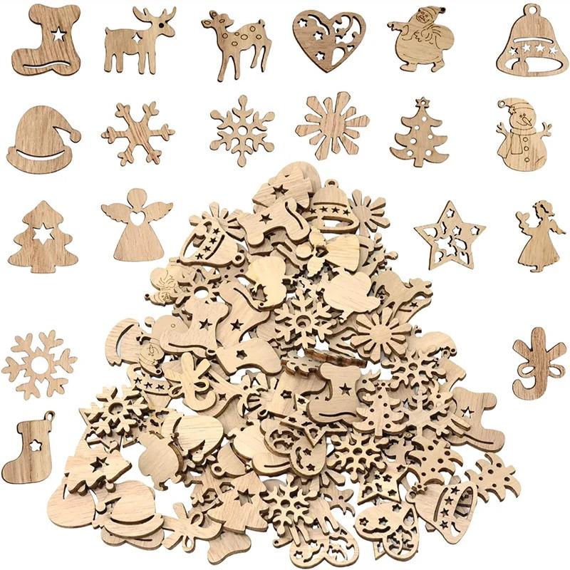 50pcs Mini Christmas Tree Hanging Decor Ornaments Wooden Santa Claus Snowman Deer Pendants Christmas Decorations Small Figurines