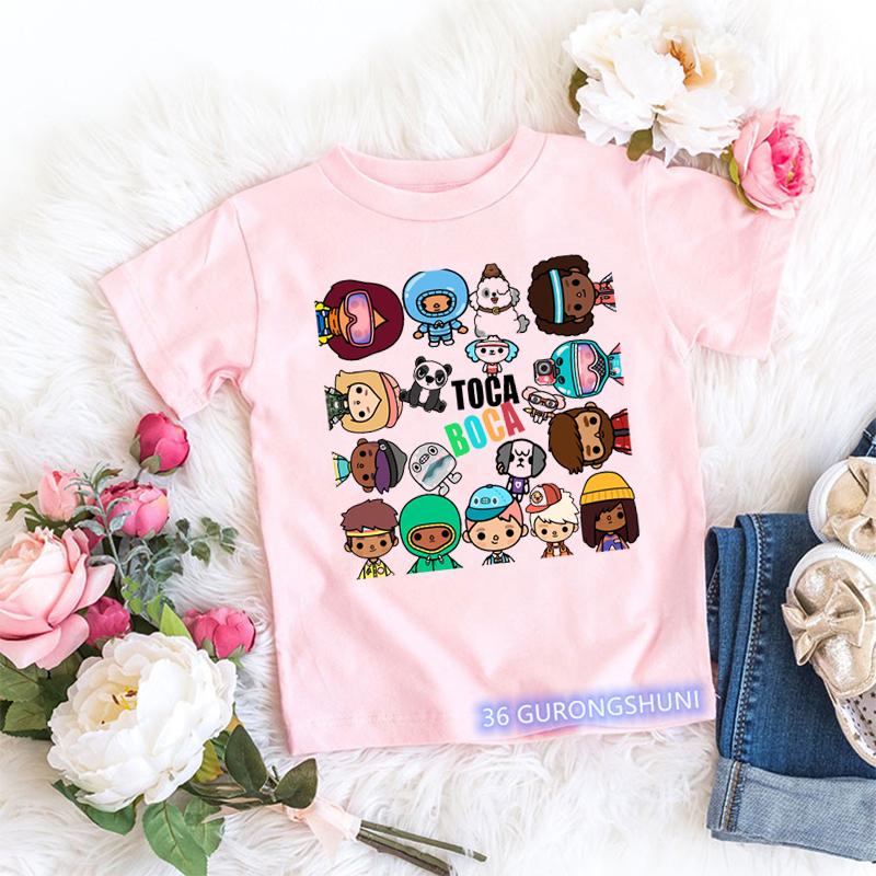 Magliette Kawaii per Bambini Divertenti Stampa Cartone Animato Mondo Toca Videogioco Maglietta per Bambini Piccoli Moda Estiva Magliette per Bambine Top Rosa