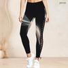 Women Plus Size High Waist Black Gold Printed Side Eyelet Lace Up Full Length Leggings