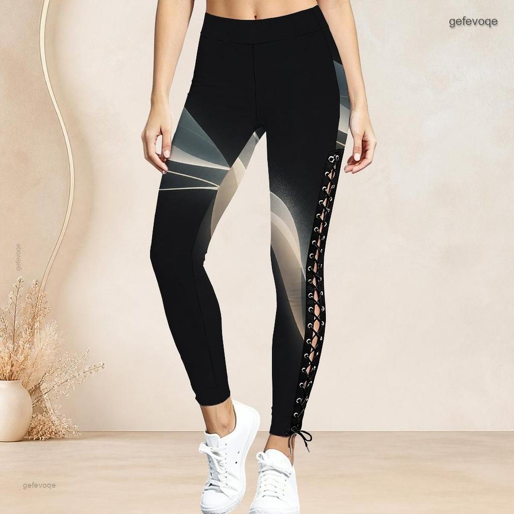 Women Plus Size High Waist Black Gold Printed Side Eyelet Lace Up Full Length Leggings
