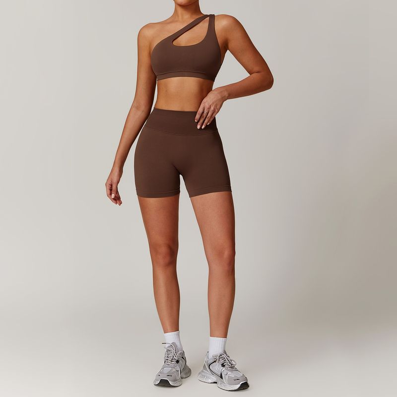 

Guangzhou Zechuang Clothing Co., Ltd. Sewed Stand Collar Zipper Yoga Suit Windproof Slim Fit Warm Tops Sports Oblique shoulder bra +7655 shorts Brown S