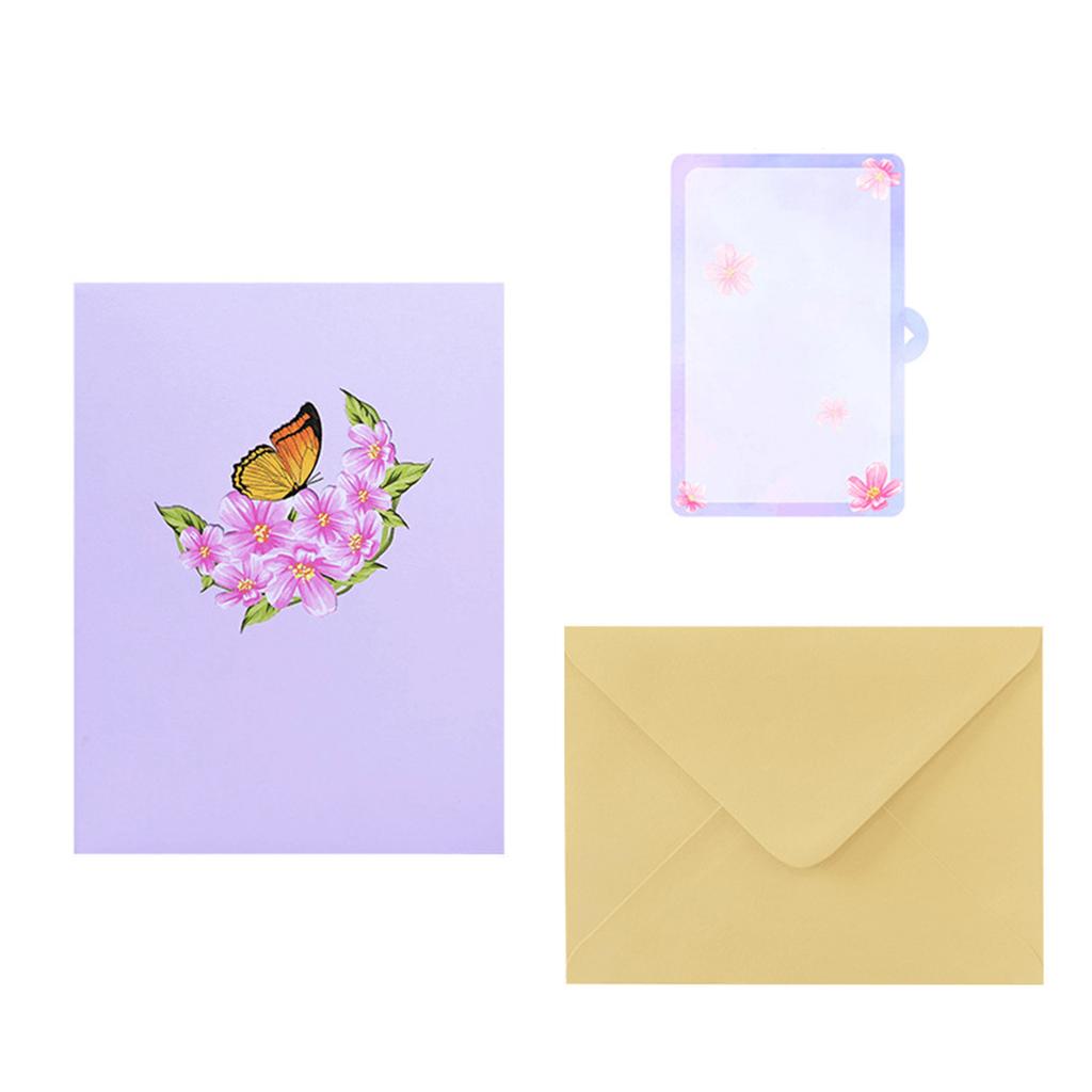 3D Pop Up Flower and Butterfly Greeting Cards Pink Style Paper Card with Envelope & Small Card for Parties Gathering