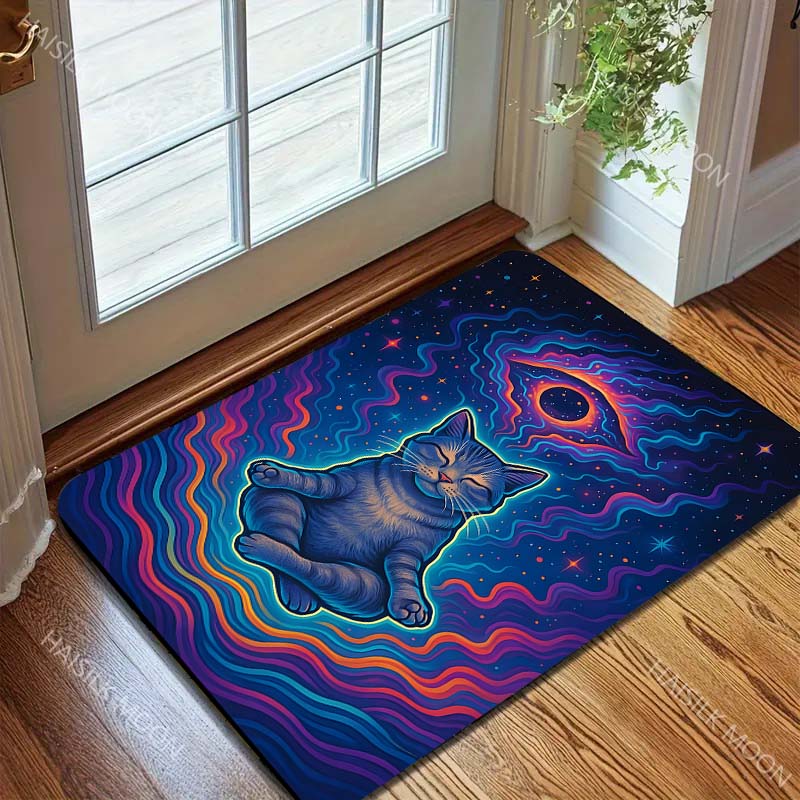 Multiple Sizes Meditating Cat with Colorful Galaxy Print Carpet Rug for Living Room Bedroom Sofa Doormat Home Decor Non-slip Mat