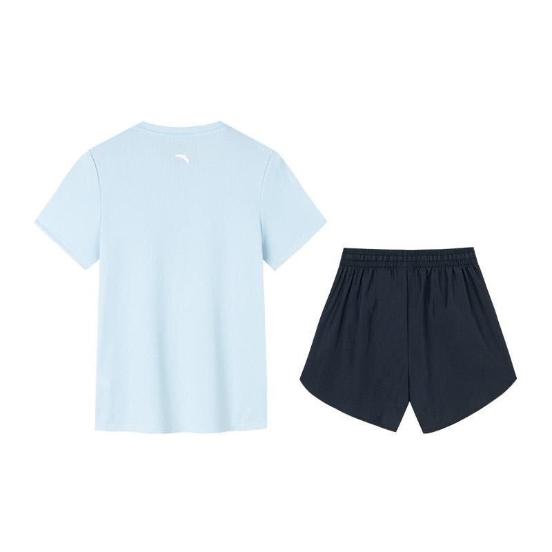 Anta Logo Regular Sleeve Round Neck Short Sleeve Solid Fit Mid Waist Shorts Casual Set Women sets 962427201-2