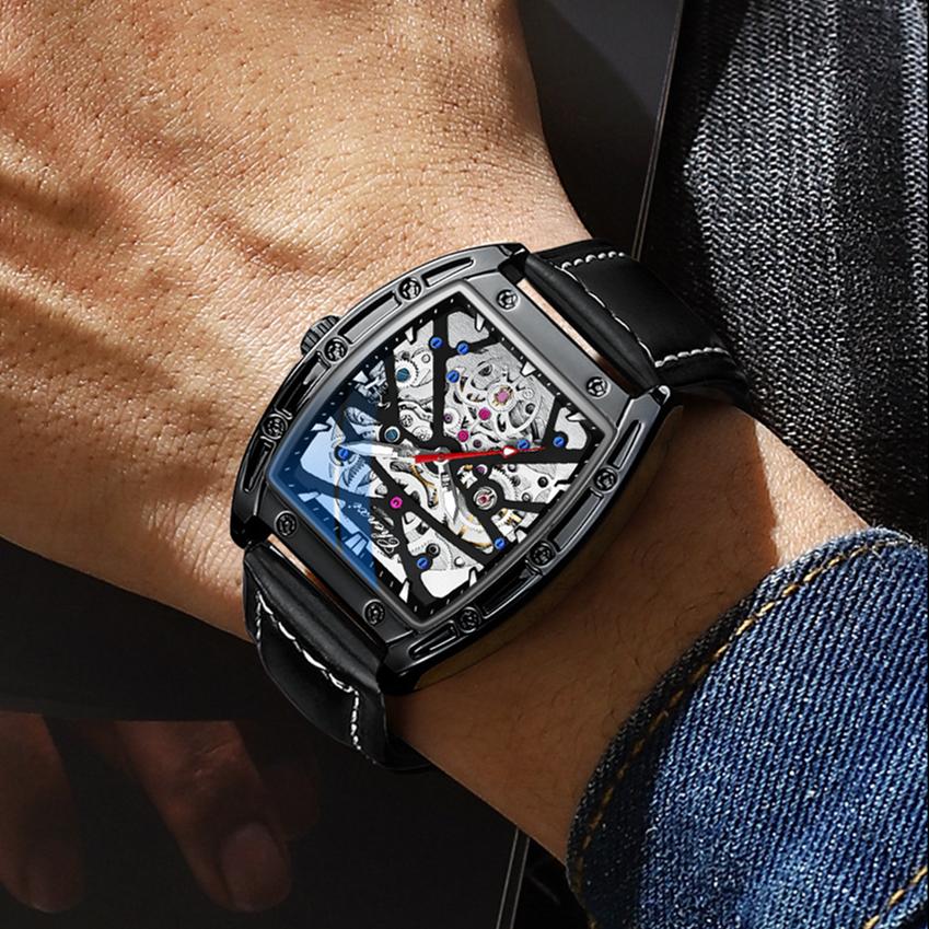 New TOP Brand Luxury Men's Watch With Box Men's Wine Barrel-shaped Hollow Automatic Leather Waterproof Men's Mechanical Watches