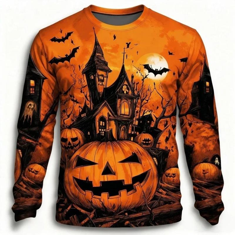 Men Long Sleeve T‑Shirt Halloween Pumpkin Haunted House Bat Ghost 3D Print Casual Party Streetwear Top