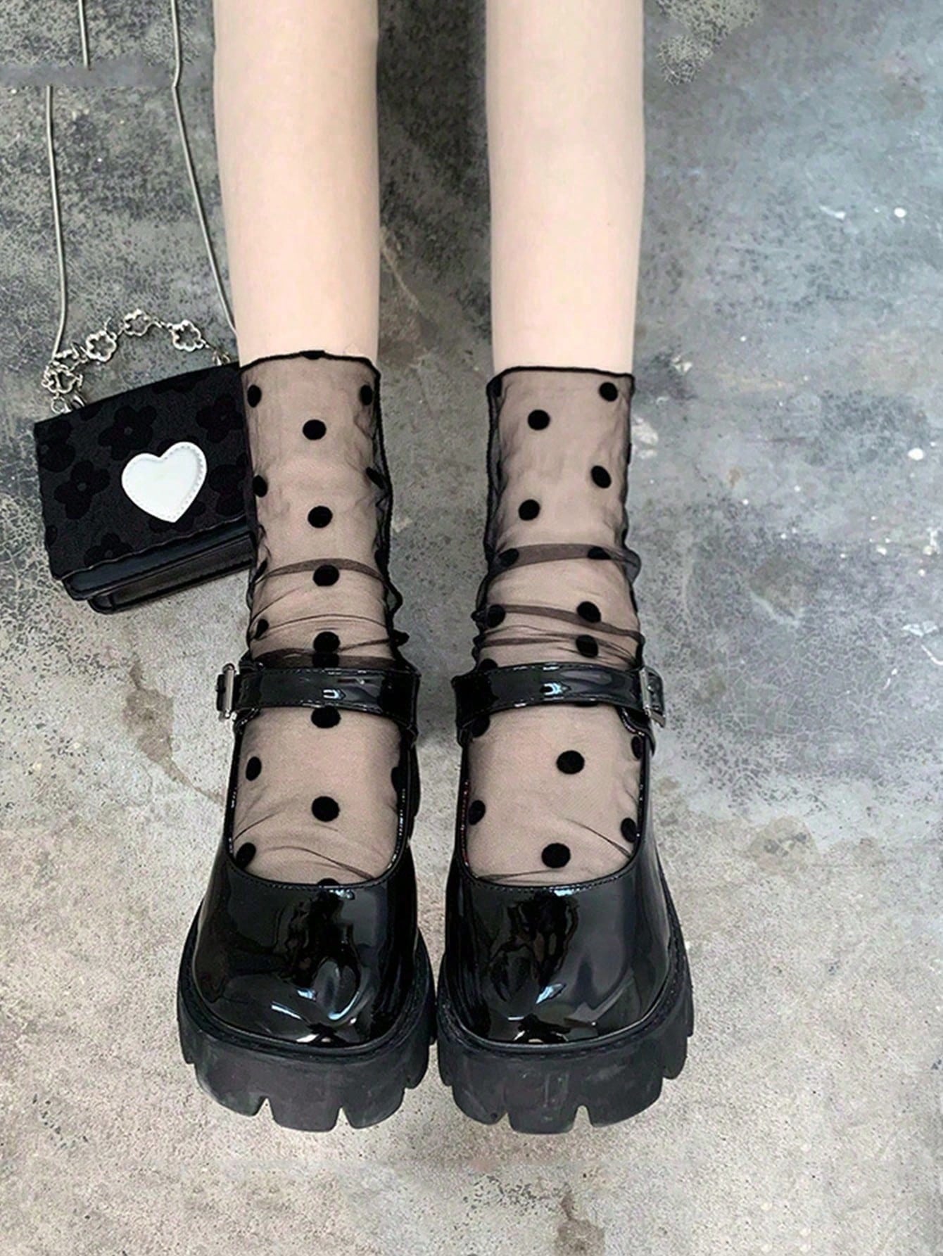 

1 Pair Ladies Transparent Mesh Stockings, Thin Black Socks, Classic Polka Dot, Retro Fashionable