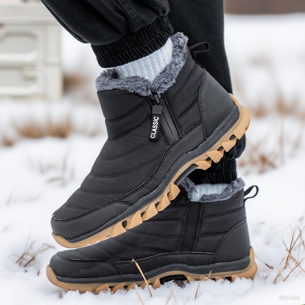 Brand Men Winter Snow Boots Waterproof Warm Ankle Boots Outdoor Fur Hiking Boots Work Shoes Casual Shoes Booties Men Zipper