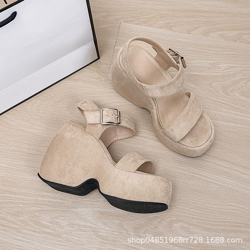 One Word with Sandals Women's 2026 Wedge Heels High Heels Black Apricot Large Size Women's Shoes Fat Feet Wide Feet Fat and Comfortable