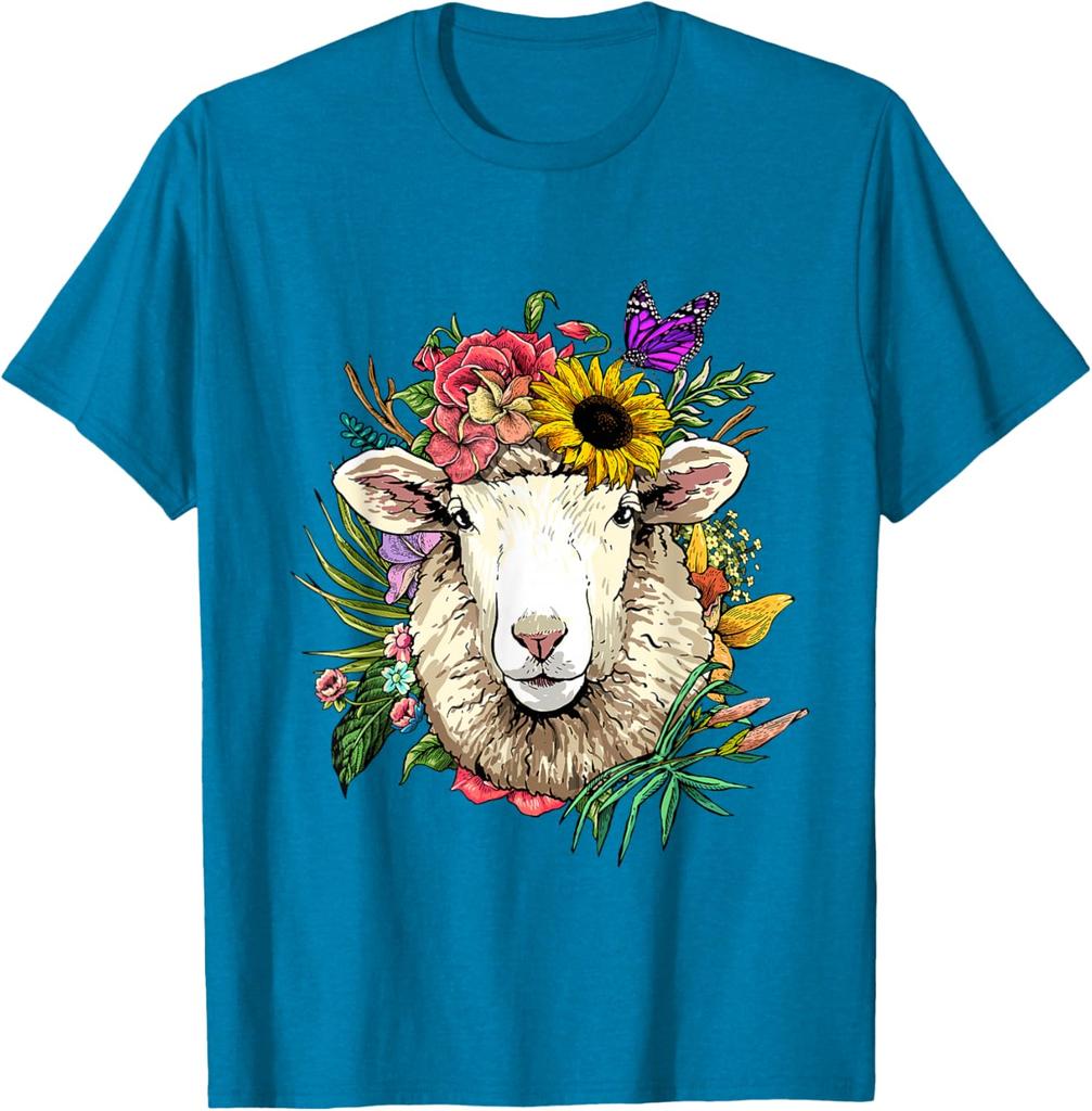 Blumen Schafskopf Kranz T-Shirt Tierliebhaber Bauernhof Grafik T-Shirt Frühling Sommer Freizeit