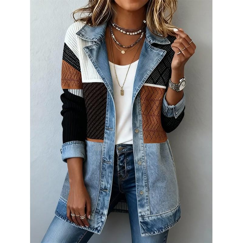 2026 Womens Elegant Slim Fit Long Sleeve Jacket Patchwork Polo Neck Office Wear