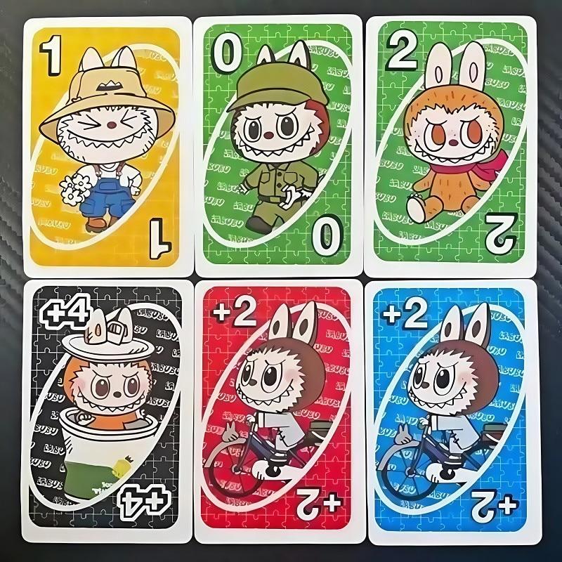 Joc Uno - Labubu AjieQaQ Pro Edition Waterproof Card Game, Portable Size 9x14cm, Easy Rules, for Family/Adults/Teens 7+, Party Game, Multicolor