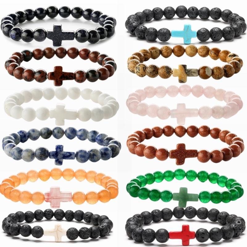 Bedel Natuursteen Armband Kruis Zwarte Lavasteen Kralen Armbanden Handgemaakt Mannen Vrouwen Gebed Fitness Ketting Koppel Sieraden Cadeau