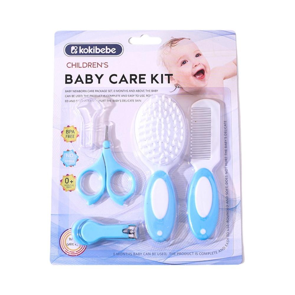 Non-slip Handle Infant Care Set Round Tip Baby Nail Clipper Baby Brush Comb Set Baby Grooming Kit Blue Nylon