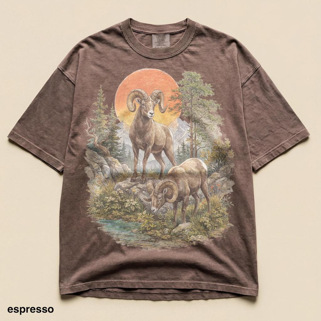 Bighorn Sheep Mountain Wildlife T-Shirt and kids shirt, Vintage Comfort Colors® Ram Landscape Graphic Tee, Rustic Nature Art Shirt and kids shirt