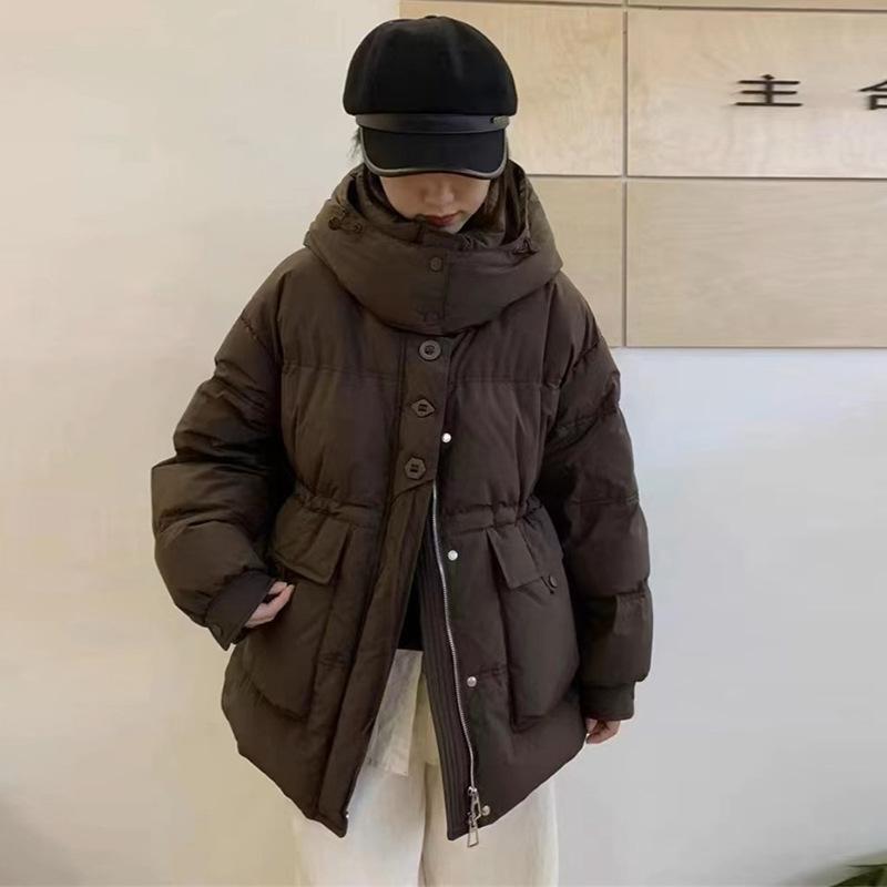 Waist hooded down jacket women's short 2024 winter sweet warm white duck down round buckle tooling jacket tide