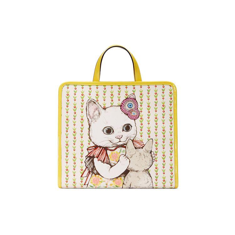 

Gucci Kids Cat Print Tote Bag, White Canvas Cute Cat Flower Print Yellow Leather Trim Handles, Girls Daily School Travel 605614-H6UAH-8954 Basic Set (Bag+Dust Bag)