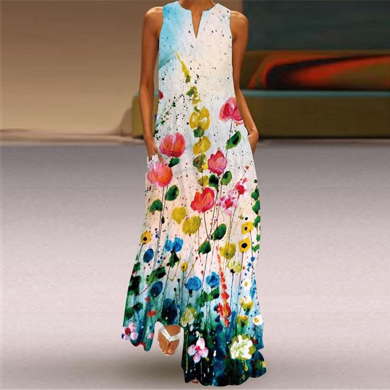 Robes imprimées pour femmes, style Boho, sans manches, col en v, longue, décontractée, ample, plage, fête, Maxi, été