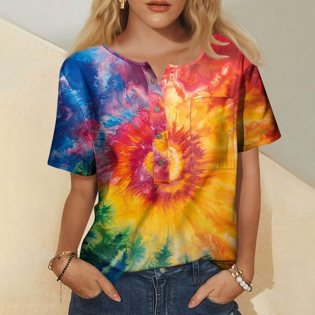 Women's Fashion Casual Short Sleeve Print Round Neck Pullover Top Blouse