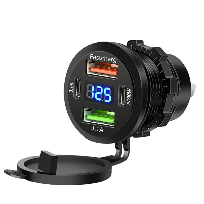 86W 4-Ports USB Charger with LED Voltmeter Dual PD & Dual QC3.0 Fast Charging Adapter Waterproof For 12/24V Car Boat Motorcycle