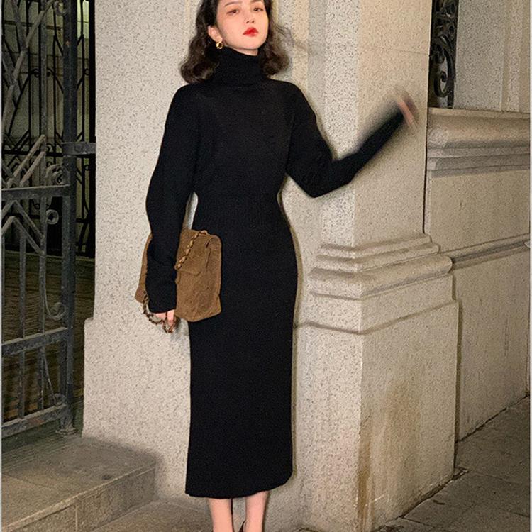 

Водолазка женское платье свитер с длинными рукавами вязаные платья женские с высокой талией тонкий осенне-зимний пуловер вязаный длинный халат новый S чёрный